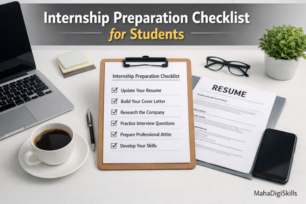 Best internship preparation checklist showing resume update, cover letter writing, company research, interview preparation, and professional attire tips