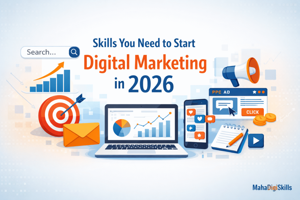 Modern digital marketing blog banner showing the headline “Skills You Need to Start Digital Marketing in 2026” with icons representing SEO, social media marketing, email marketing, PPC ads, analytics dashboard, content creation tools, laptop and smartphone illustration in blue and orange theme.