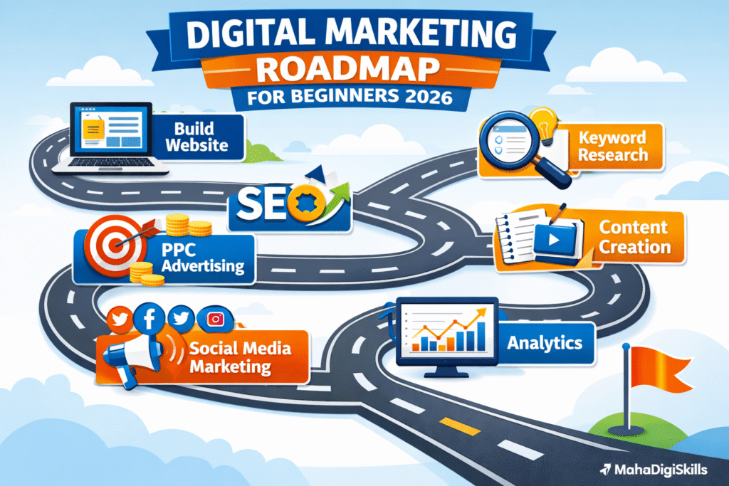 Digital Marketing Roadmap for Beginners showing steps like website creation, keyword research, SEO, PPC, content marketing, and analytics