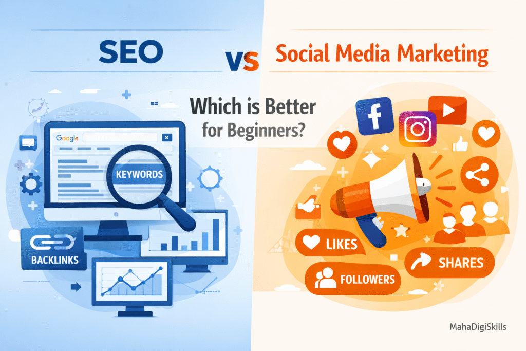 SEO vs Social Media Marketing comparison infographic showing differences in traffic source, cost, engagement, and growth for beginners.