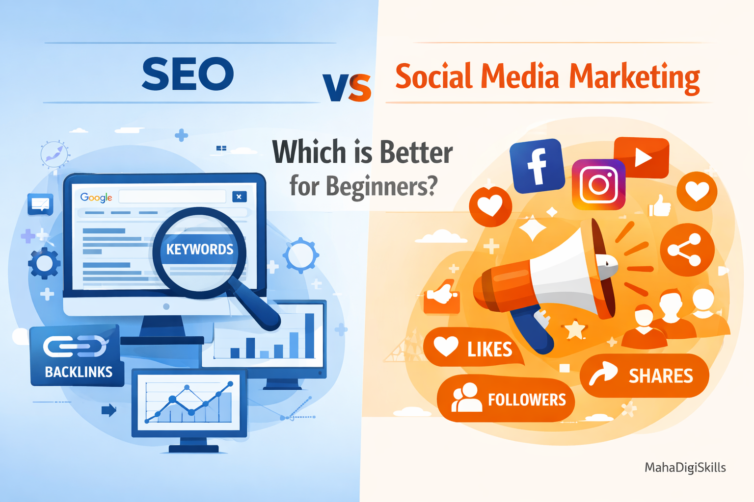 SEO vs Social Media Marketing comparison infographic showing differences in traffic source, cost, engagement, and growth for beginners.