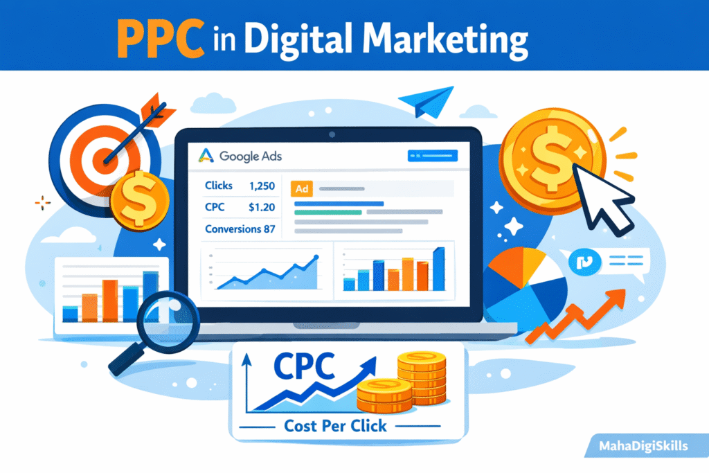 PPC in Digital Marketing concept showing Google Ads dashboard and pay per click advertising strategy.
