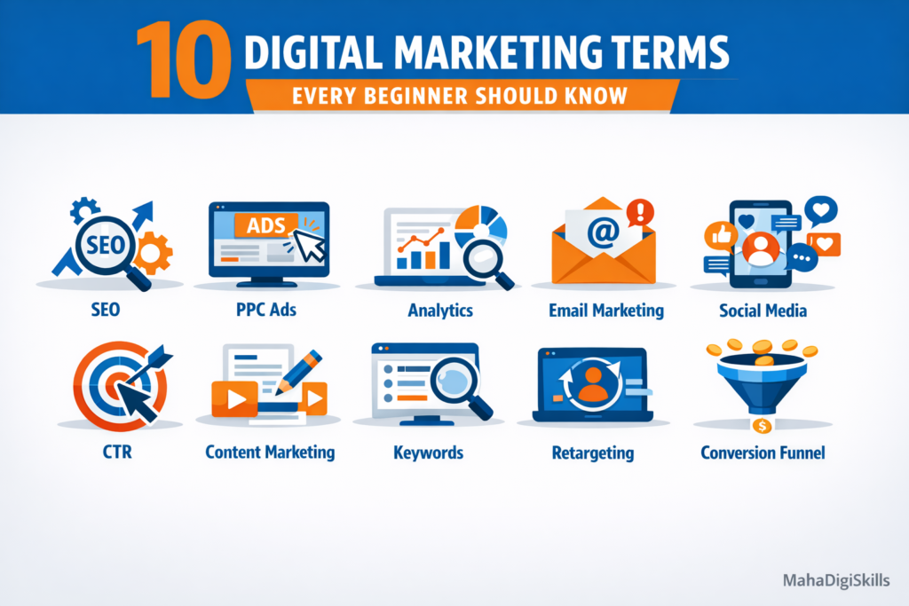 10 digital marketing terms every beginner should know including SEO PPC CTR analytics and social media marketing.