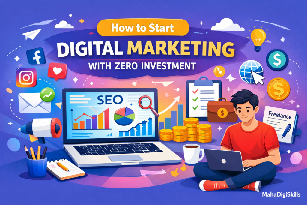 How to Start Digital Marketing with Zero Investment illustration with SEO, social media, freelancing and laptop