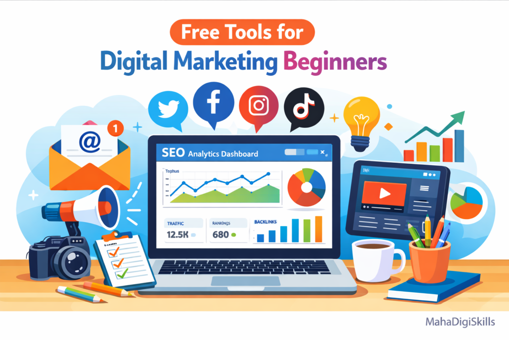 Free tools for digital marketing beginners with laptop, SEO analytics, social media and marketing tools illustration
