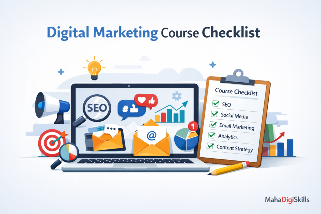 Digital Marketing Course Checklist with SEO social media email marketing and analytics tools illustration