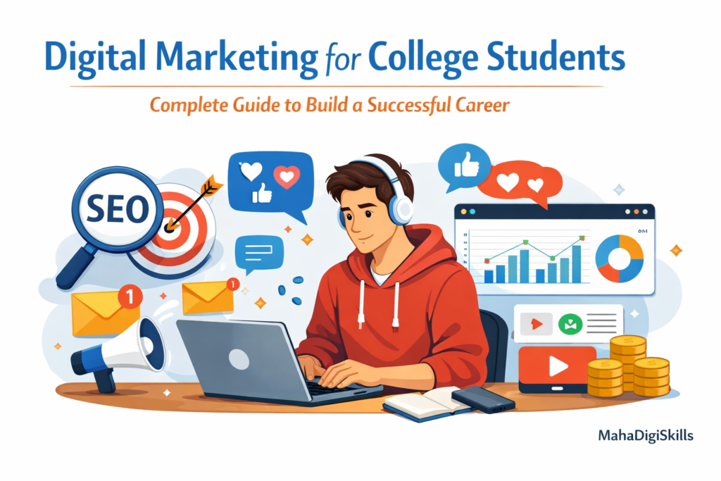 Digital marketing for college students with laptop and marketing tools illustration