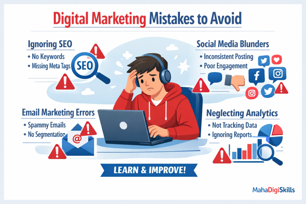 Digital marketing mistakes infographic showing common beginner marketing errors
