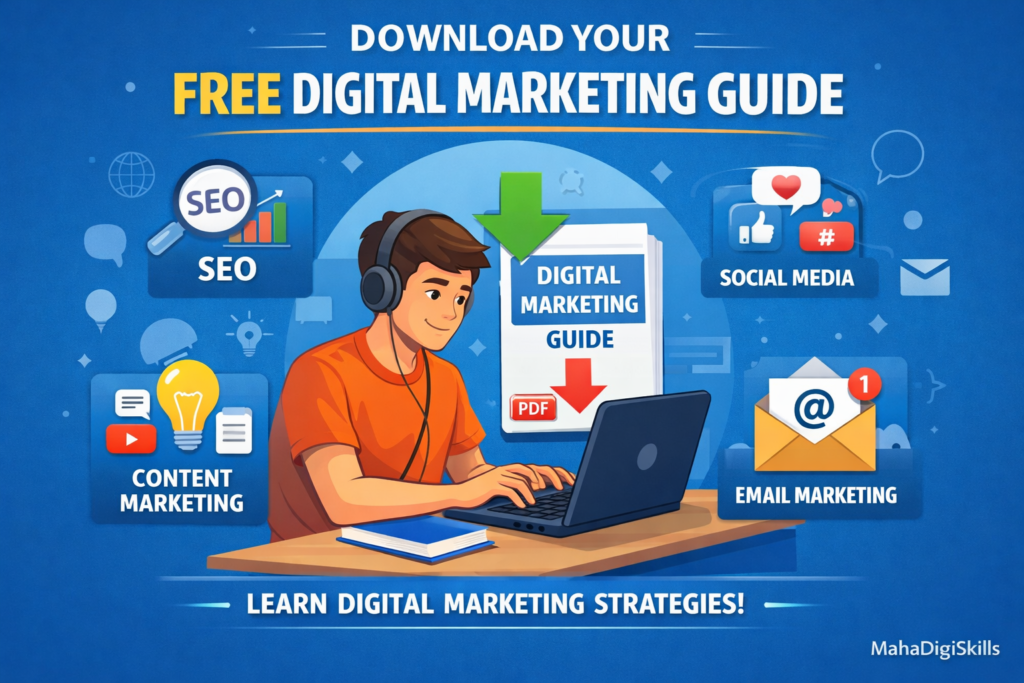 Free digital marketing PDF infographic showing complete digital marketing guide for beginners