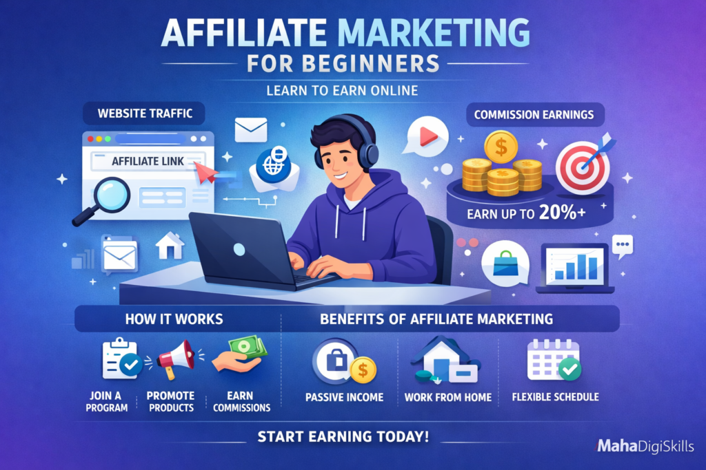 Affiliate marketing for beginners infographic showing how to earn money online through affiliate marketing