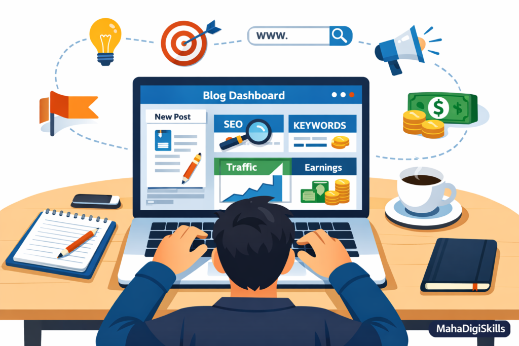 How to start blogging roadmap with student working on laptop and blogging strategy illustration