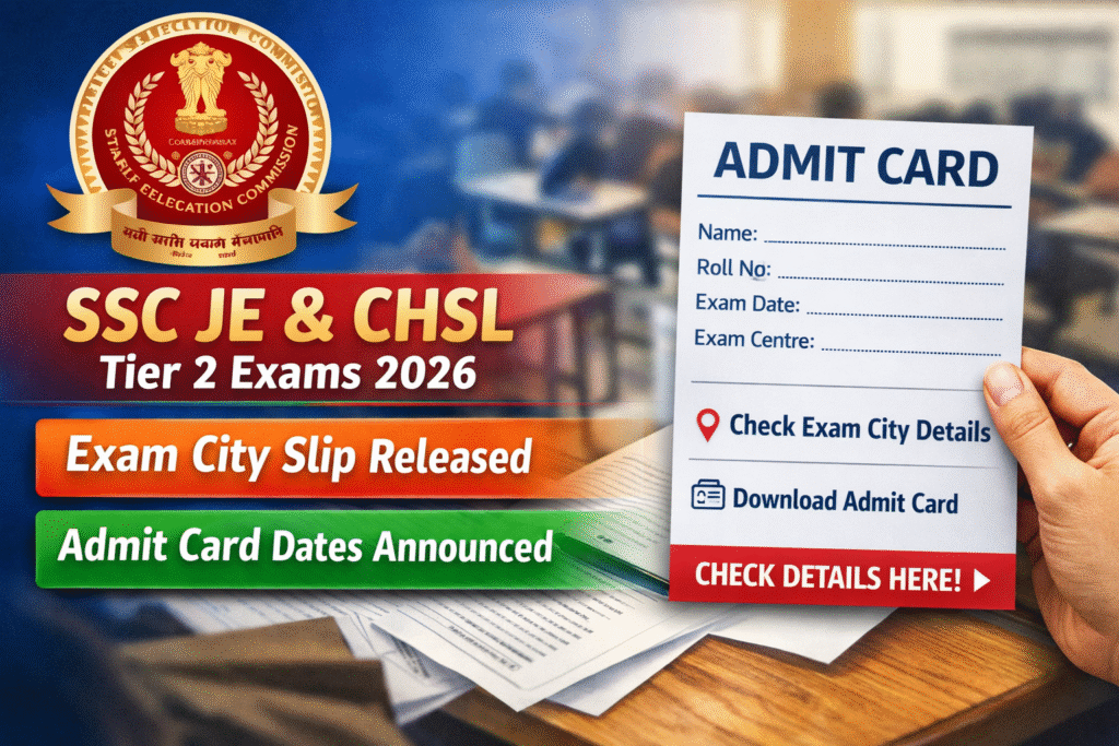 SSC JE and CHSL Tier 2 Exams 2026 exam city slip released and admit card dates announced by Staff Selection Commission