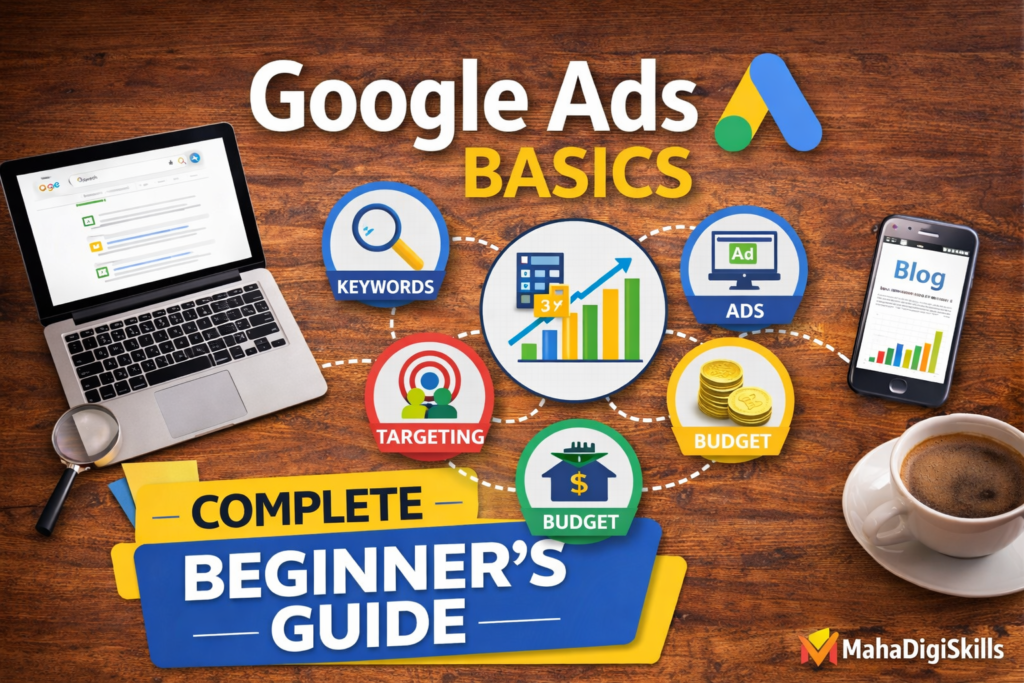 Google Ads basics tutorial banner showing keywords, ads, targeting, and budget strategy