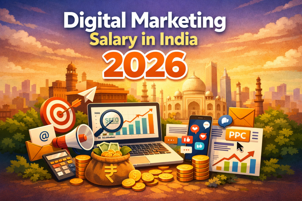Digital Marketing Salary in India 2026 illustration showing SEO, PPC, social media, laptop, money bag, and Taj Mahal background