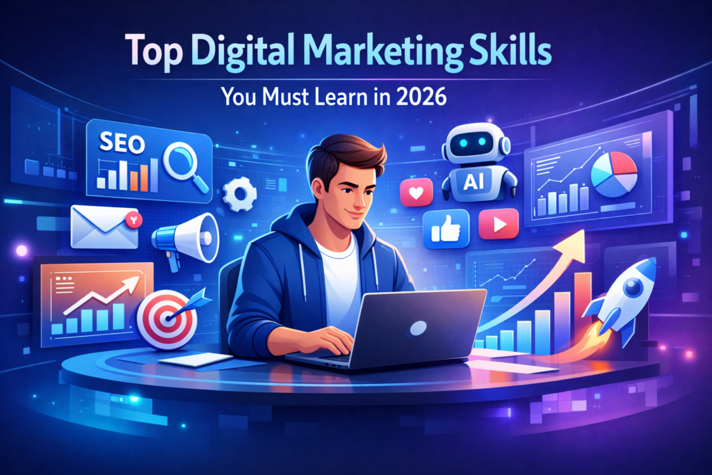 Digital marketing skills illustration showing coding, communication, business strategy, skills development, and data analysis for marketers