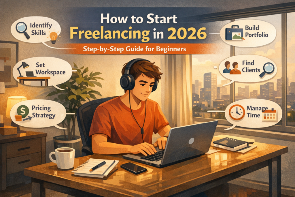 Infographic showing how to start freelancing in 2026 including steps like identifying skills, building a portfolio, finding clients, and managing freelance work.