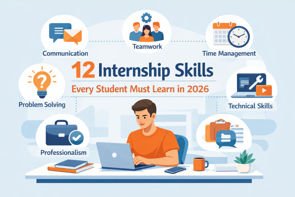 Internship skills infographic showing communication, teamwork, time management, problem solving, professionalism and technical skills for students.