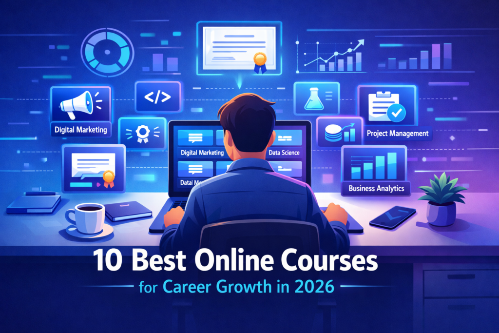 Best online courses for career growth dashboard showing project management, data science and digital marketing certifications.