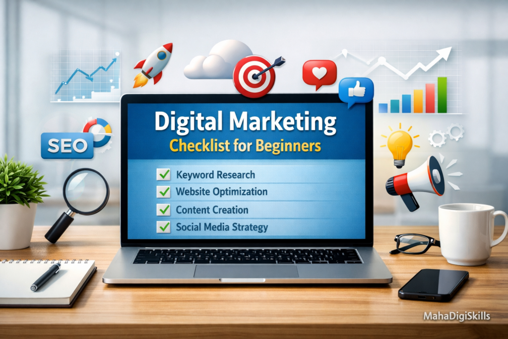 Free Digital Marketing Checklist displayed on laptop screen with SEO, social media and marketing icons