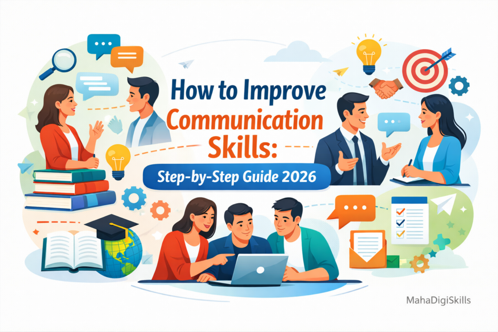 Communication skills infographic showing steps to improve speaking, listening, and workplace communication