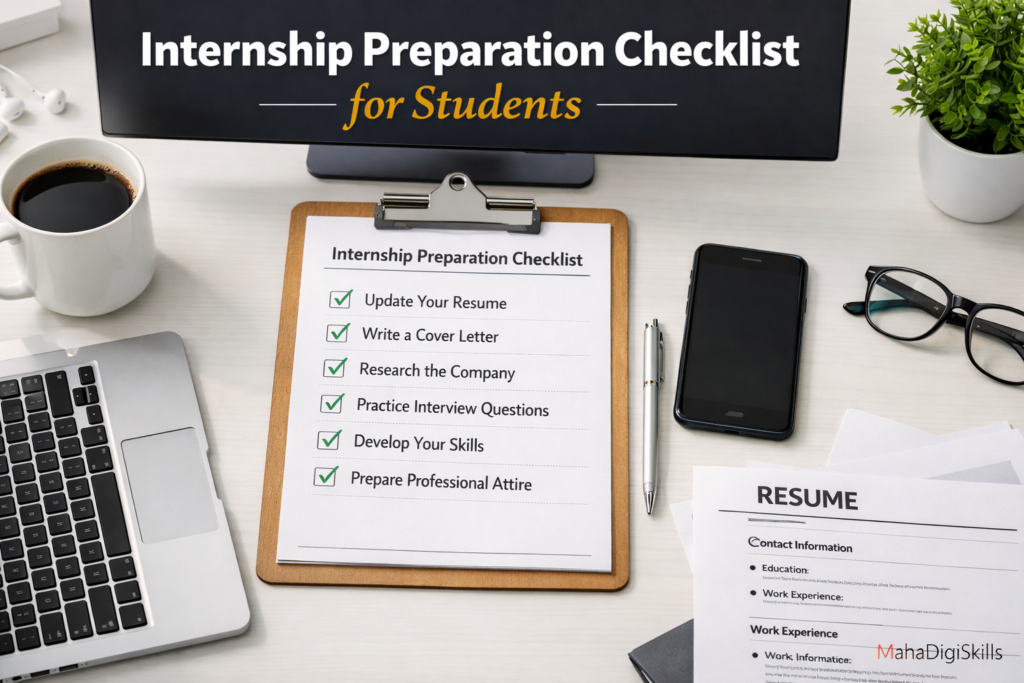Best internship preparation checklist showing resume update, cover letter writing, company research, interview preparation, and professional attire tips