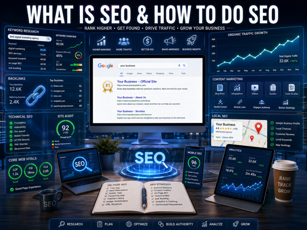 Comprehensive SEO illustration showing keyword research, technical SEO, backlinks, analytics dashboards, content optimization, and organic search traffic growth.