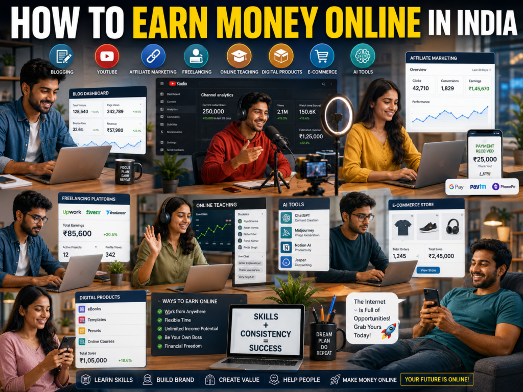 Indian freelancers, students, bloggers, YouTubers, and entrepreneurs earning money online through digital businesses and remote work opportunities.