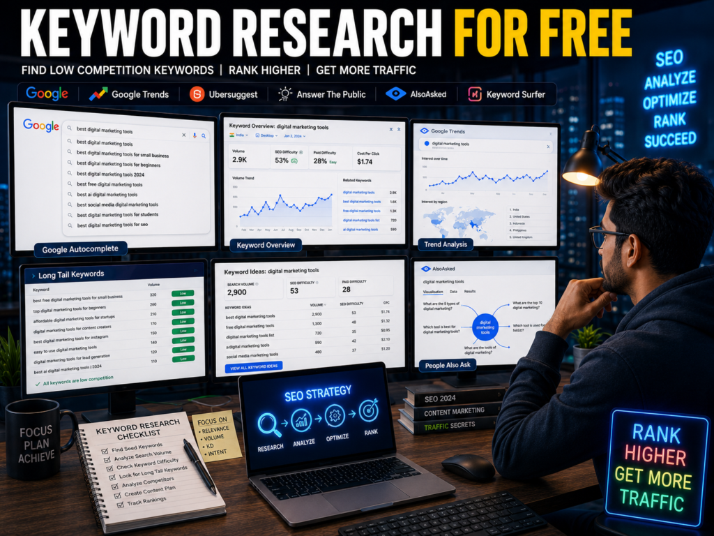 Digital marketer performing free keyword research using Google tools, search suggestions, and SEO analytics dashboards.