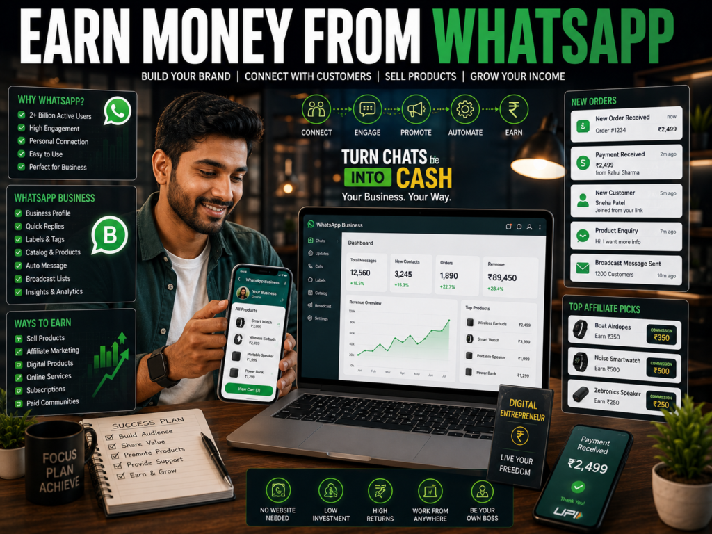 Indian entrepreneur earning money using WhatsApp Business, affiliate marketing, digital products, and online services.