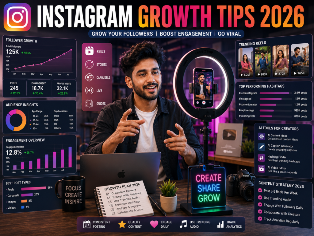 Indian content creator using Instagram Reels and analytics tools to grow followers in 2026.