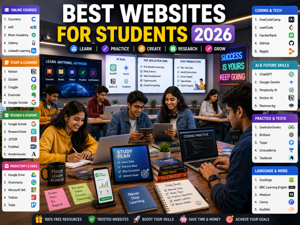 Indian students using educational websites, coding platforms, AI tools, and online learning resources in 2026.