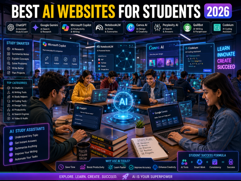 Indian students using AI websites like ChatGPT, Gemini, Copilot, and NotebookLM for learning and productivity in 2026.
