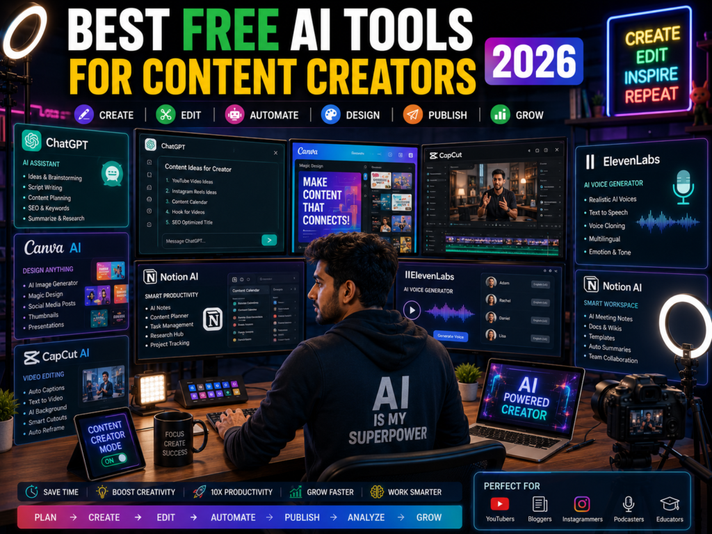 Indian content creator using free AI tools like ChatGPT, Canva AI, CapCut AI, and ElevenLabs in 2026.