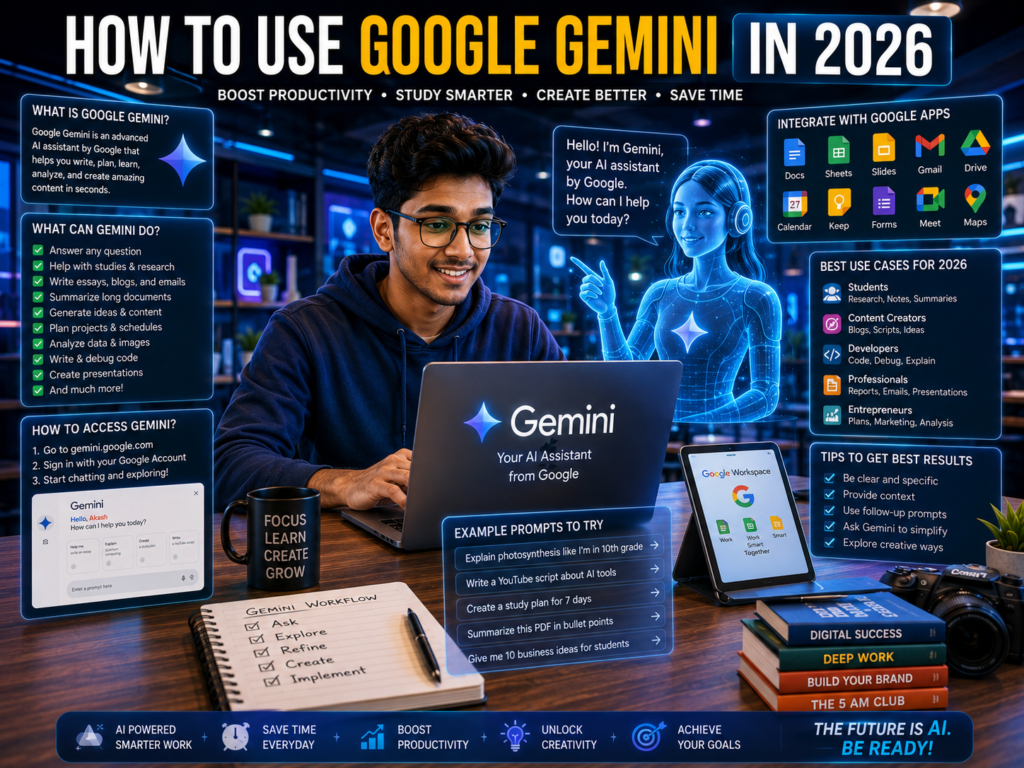 Indian student using Google Gemini AI assistant for productivity, research, and content creation in 2026.