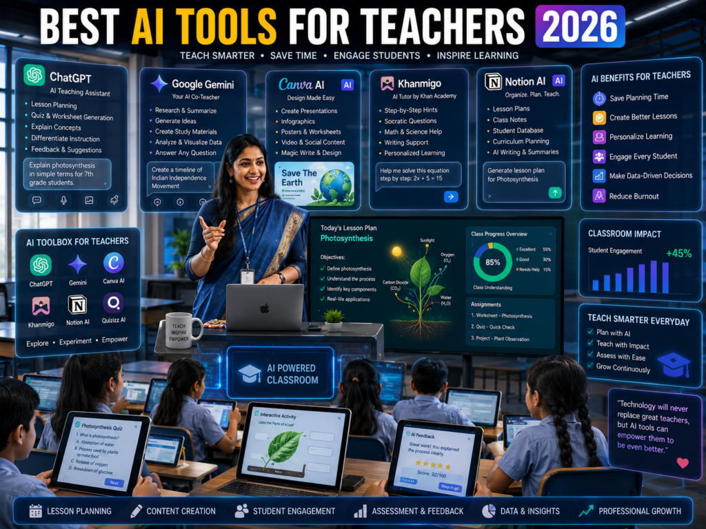 Indian teacher using AI tools like ChatGPT, Google Gemini, Canva AI, and Khanmigo in a modern classroom in 2026.