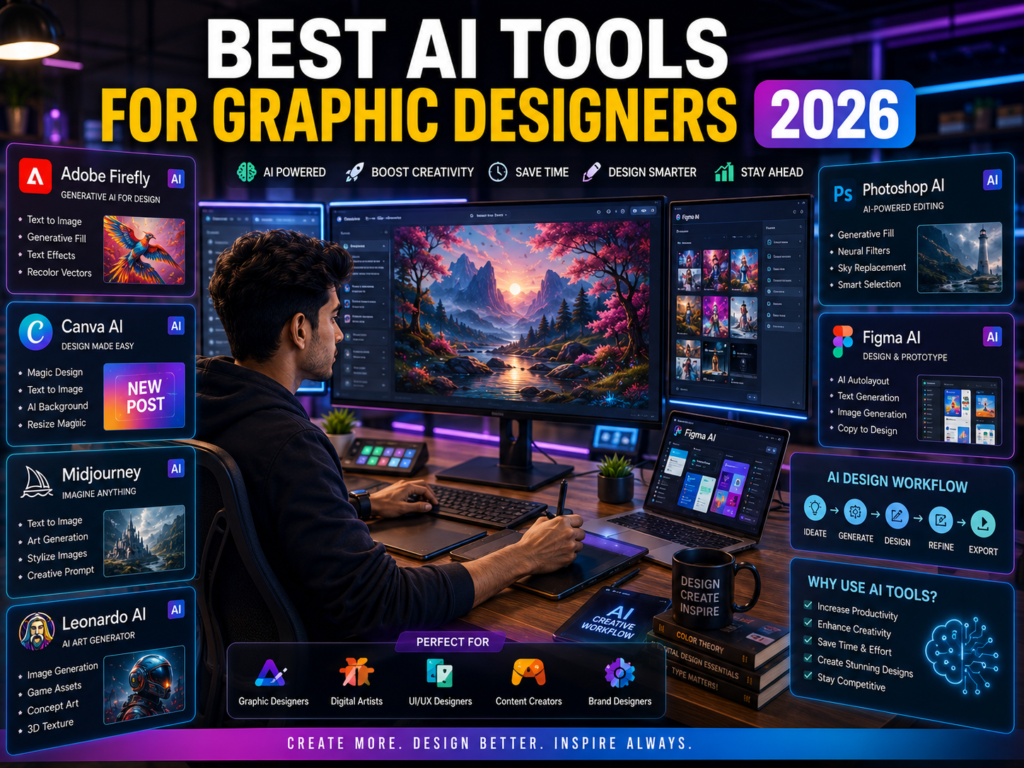 Indian graphic designer using AI tools like Adobe Firefly, Canva AI, Leonardo AI, and Figma AI in a futuristic design studio.