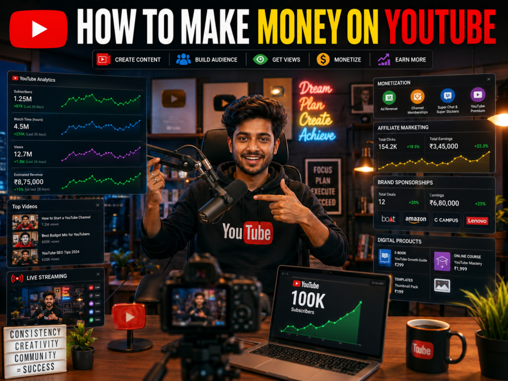 YouTube creator earning money through ads, sponsorships, affiliate marketing, memberships, and digital products.