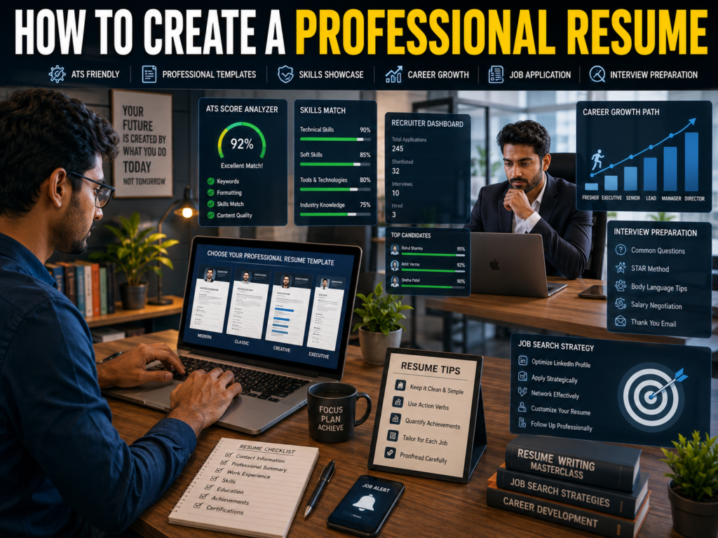 Young professional resume creating an ATS-friendly resume on a laptop for job applications and career opportunities.