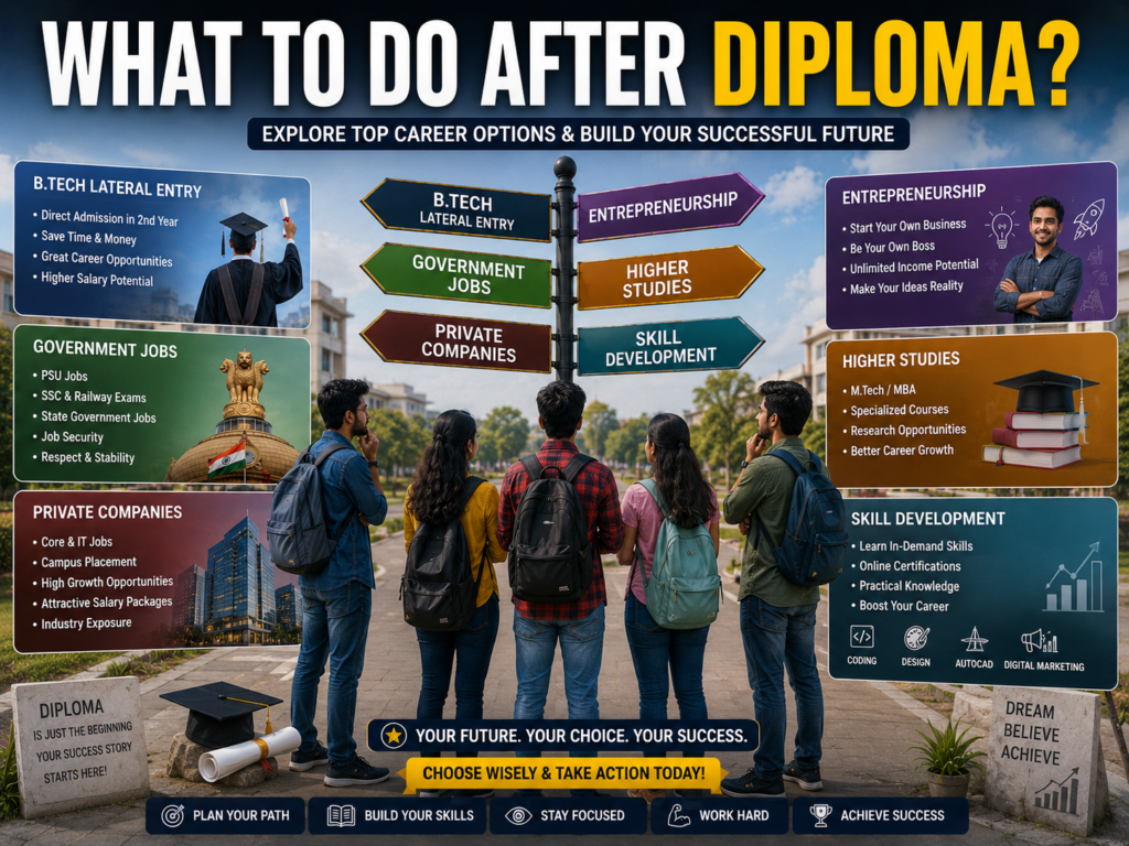 Indian diploma students exploring career options including higher studies, government jobs, private sector careers, and entrepreneurship.