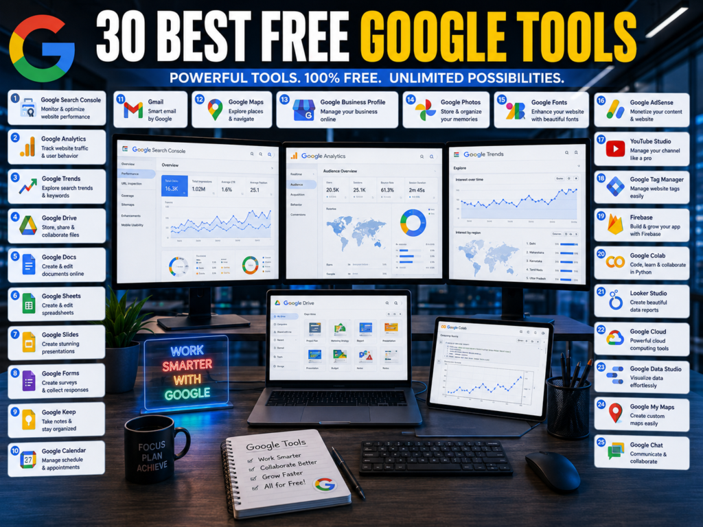 Google free tools list featuring Search Console, Analytics, Trends, Drive, Docs, Maps, and other free Google services in 2026.