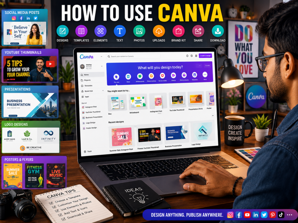 Beginner learning how to use Canva for creating social media graphics, presentations, YouTube thumbnails, and marketing designs.