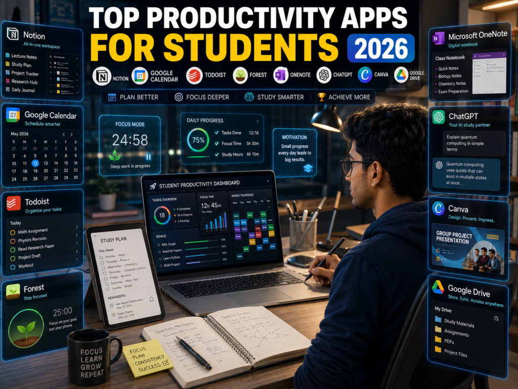 Indian student using Notion, Google Calendar, Forest, ChatGPT, and OneNote for studying and productivity.