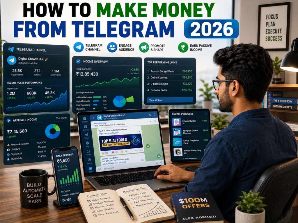 Indian entrepreneur earning money through Telegram channels and affiliate marketing.