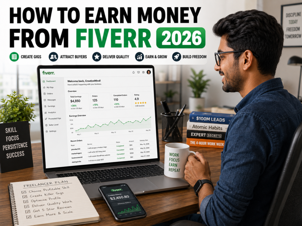 Indian freelancer earning money online through Fiverr in 2026.