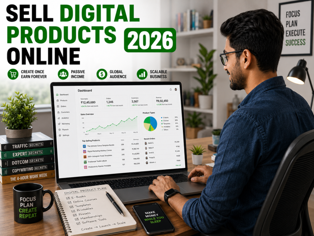Indian entrepreneur earning money by selling digital products online.