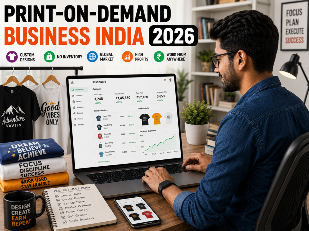 Indian entrepreneur running a print-on-demand business in 2026.