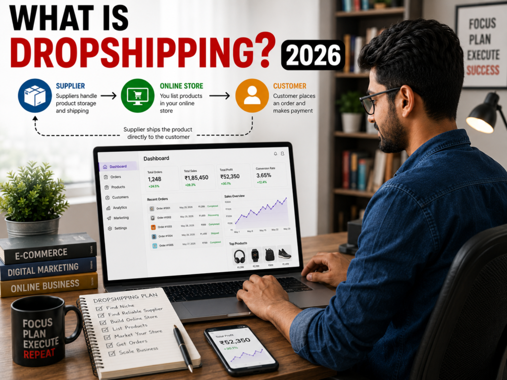 Indian entrepreneur learning how dropshipping works in 2026.