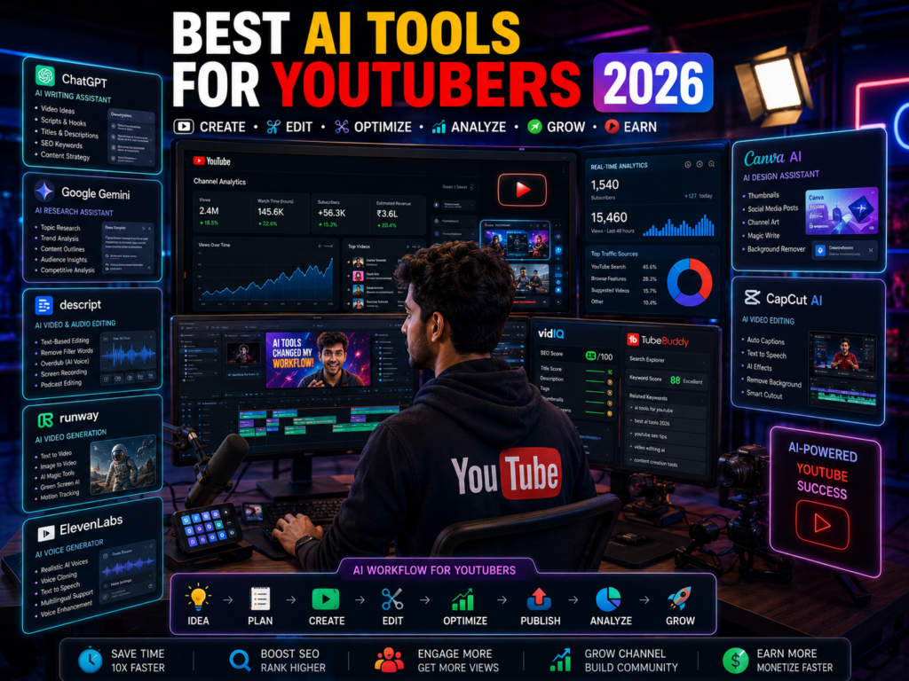 Indian YouTuber using AI tools like ChatGPT, Descript, Runway, TubeBuddy, Canva AI, and ElevenLabs in a modern content creation studio.