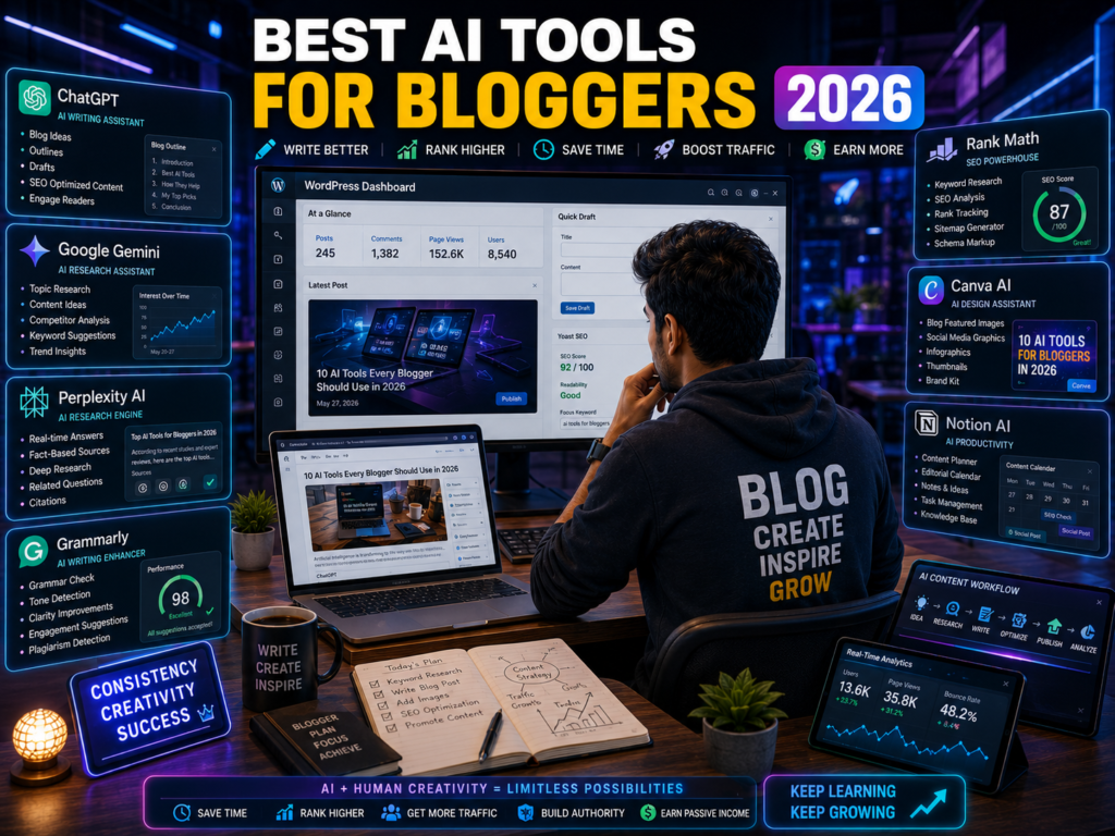 Indian blogger using ChatGPT, Rank Math, Canva AI, Grammarly, and Google Gemini for content creation and SEO optimization.