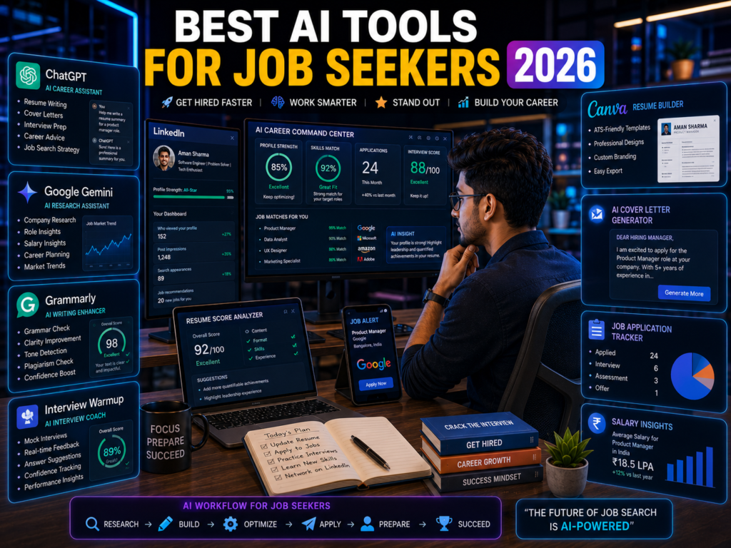 Indian job seeker using ChatGPT, LinkedIn, Canva Resume Builder, and AI interview preparation tools in a modern workspace.